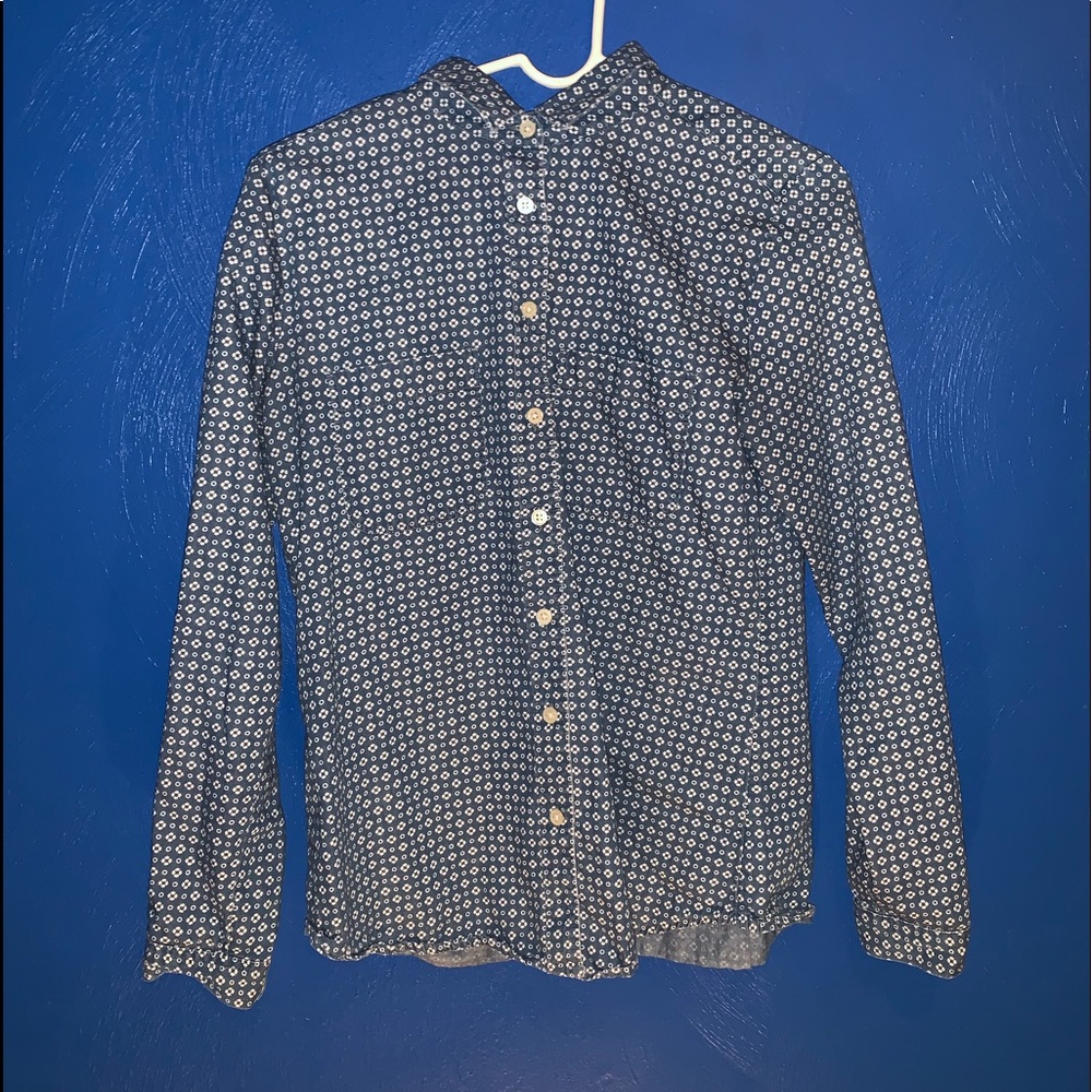 LOFT button down blue shirt with white dot design